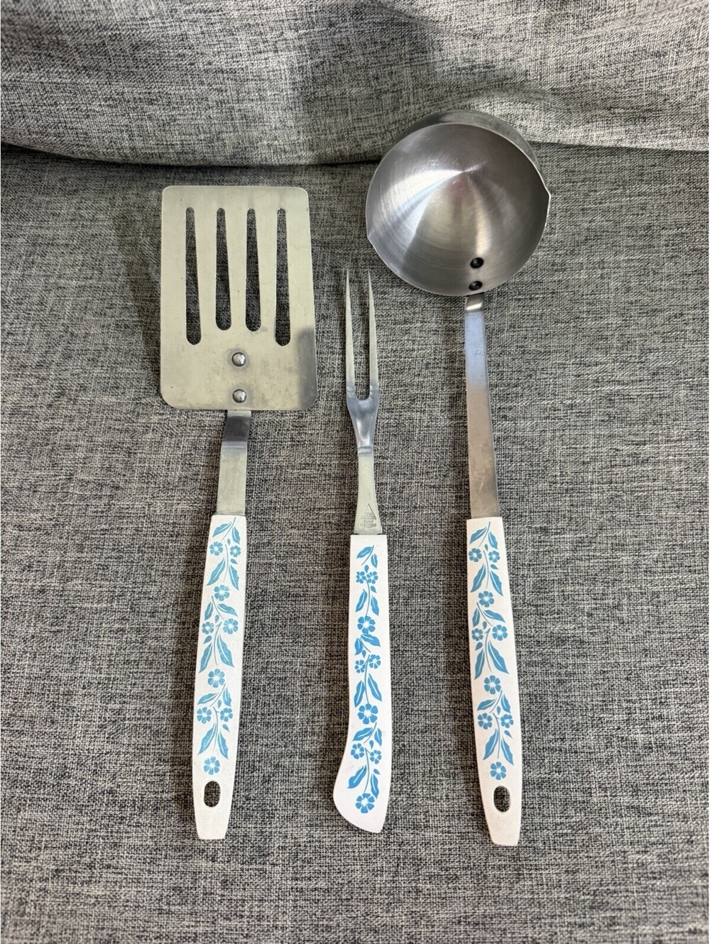 Vintage Corningware Cornflower Blue Kitchen Utensil Set 3pc Turner Fork Ladle